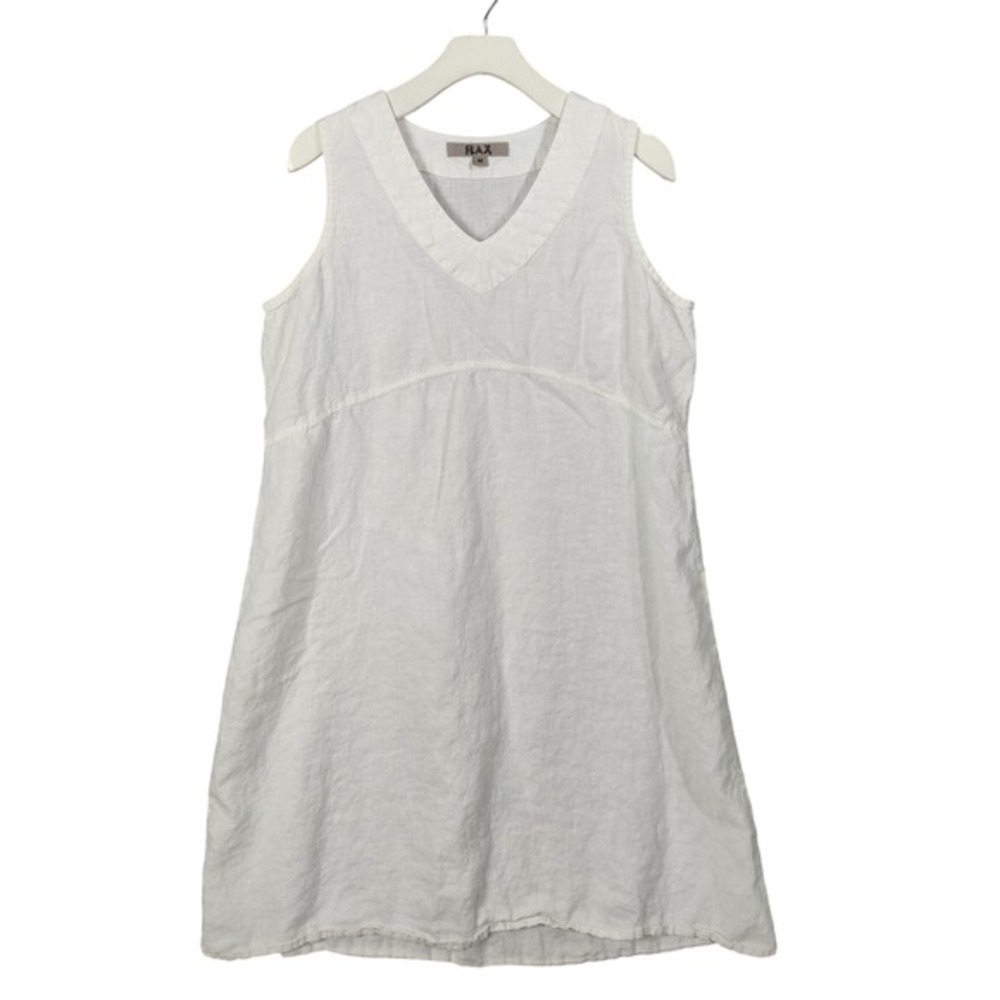 FLAX Linen Sleeveless‎ VNeck Knee Dress White Medium Resort Vacation Breathable